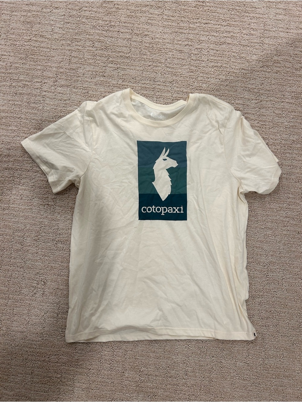 New Men’s cotopaxi Cream Tee with Teal Logo Graphic